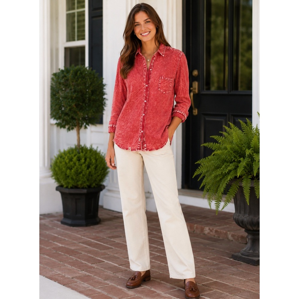 FRANK & EILEEN Barry Washed Red Button Down Distressed Buttondown Frayed Medium